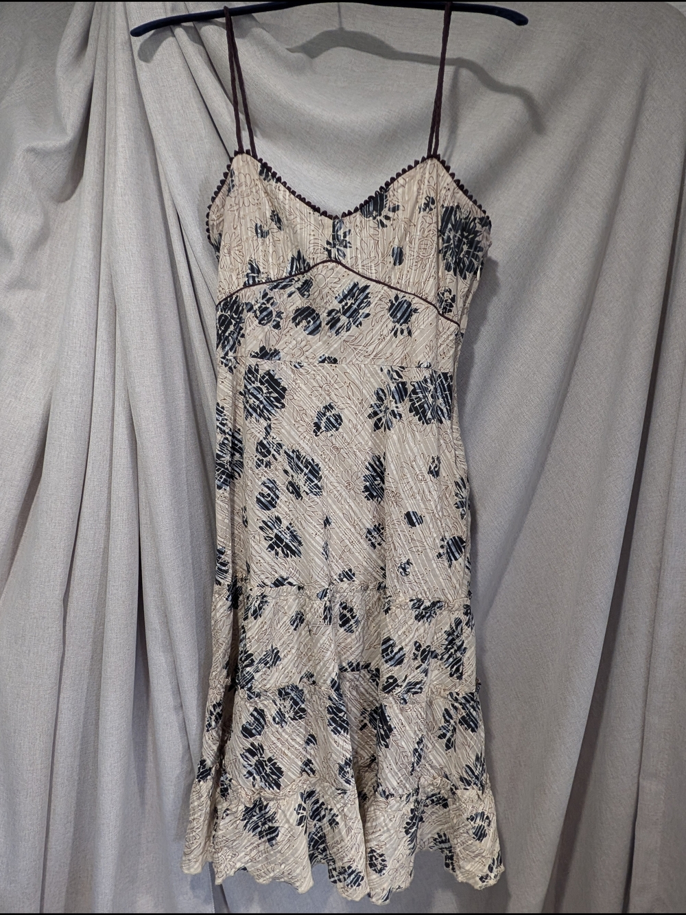 Anthropologie Fei Cream Slip Dress with Navy Floral Print